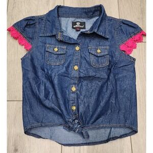 Dollhouse‎ Girls Denim Top Button Up Tie Front Sleeveless Pink Lace Trim Size 6X